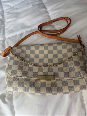 Designer-Inspired Cream Checkered Crossbody Bag with Tan Strap